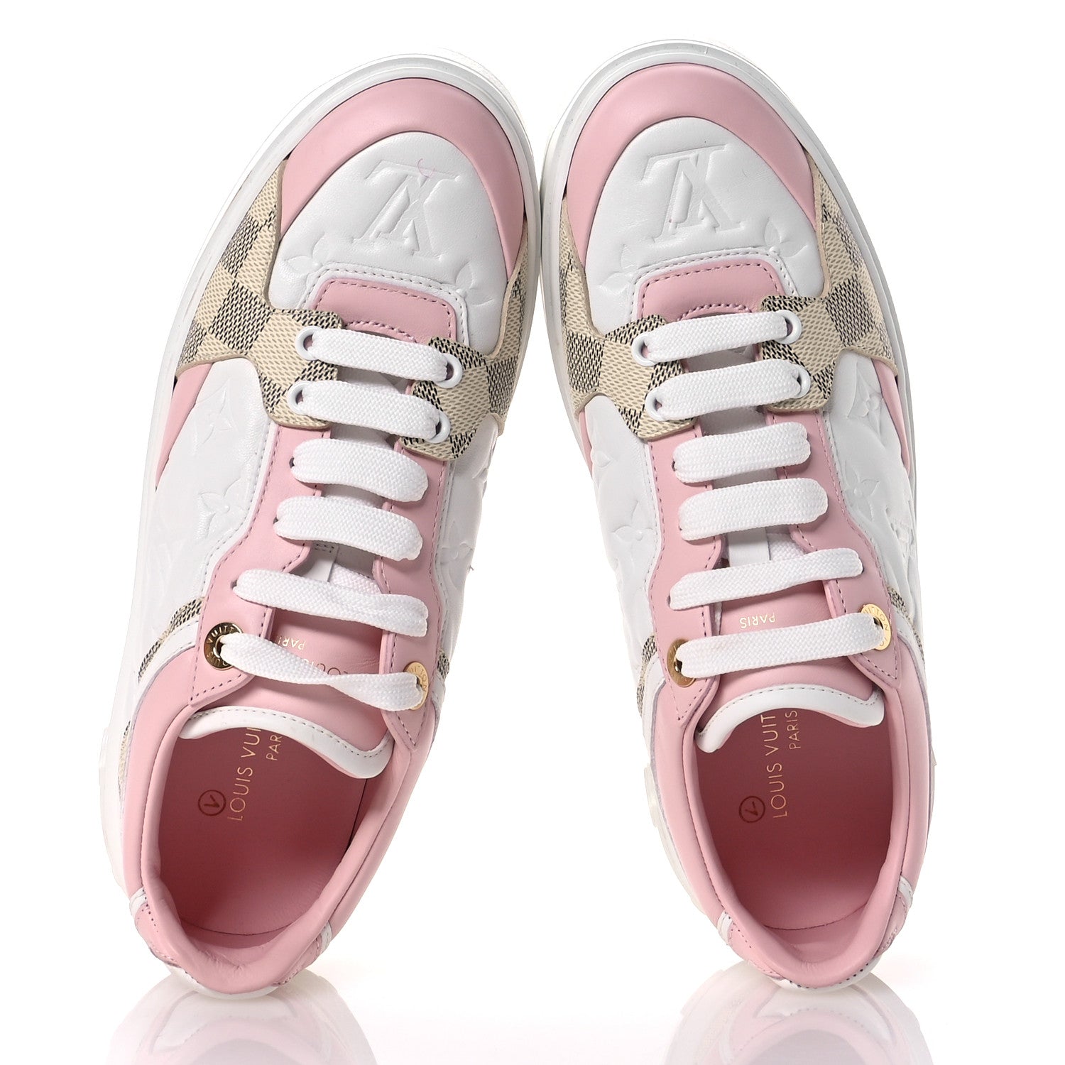 Louis Vuitton Monogram Embossed Calfskin Damier Azur Time Out Sneakers 37.5 Rose Clair Pink 2 of 10