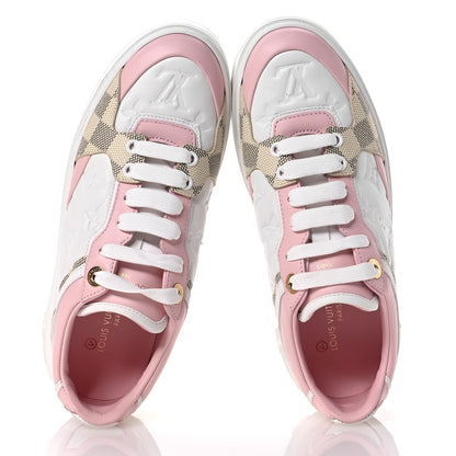 Louis Vuitton Monogram Embossed Calfskin Damier Azur Time Out Sneakers 37.5 Rose Clair Pink 2 of 10