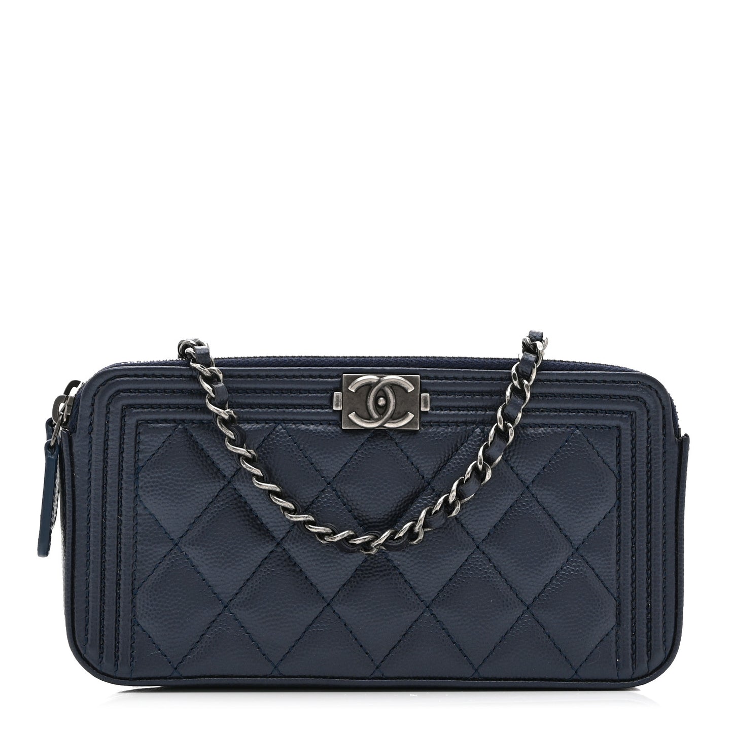 Metallic Caviar Quilted Small Boy Clutch With Chain Navy