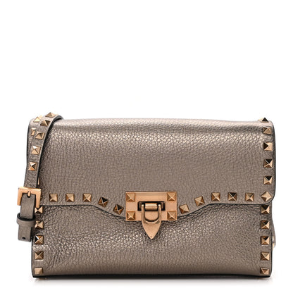 Valentino Garavani Metallic Pebbled Calfskin Medium Rockstud Flip Lock Crossbody Bag Sasso 1 of 9