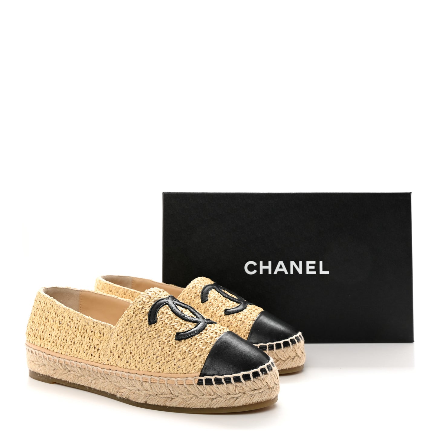 Braided Fabric Lambskin CC Espadrilles 37 Beige Black