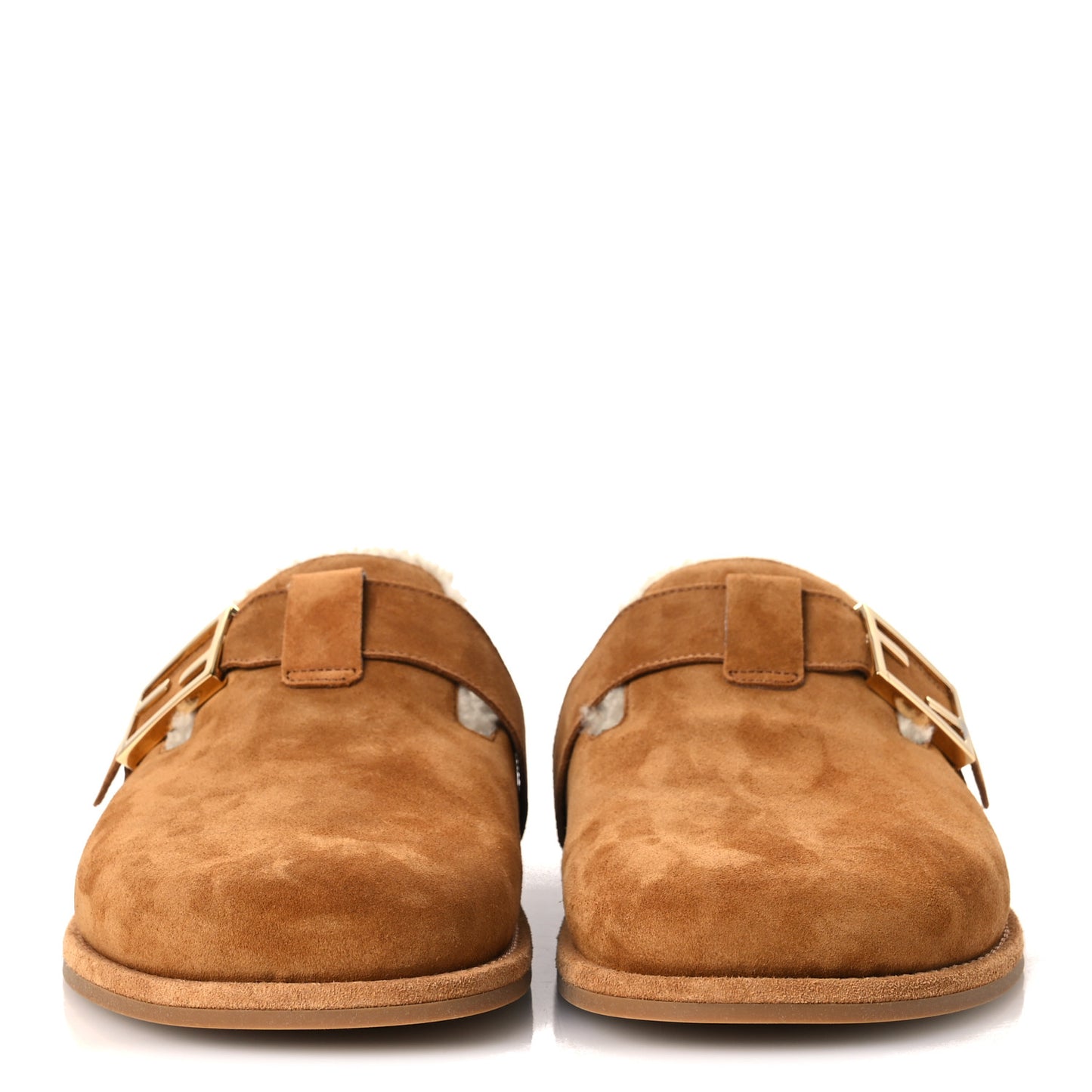 Suede Shearling Fendi Feel Buckled Clogs 41 Caramel Latte