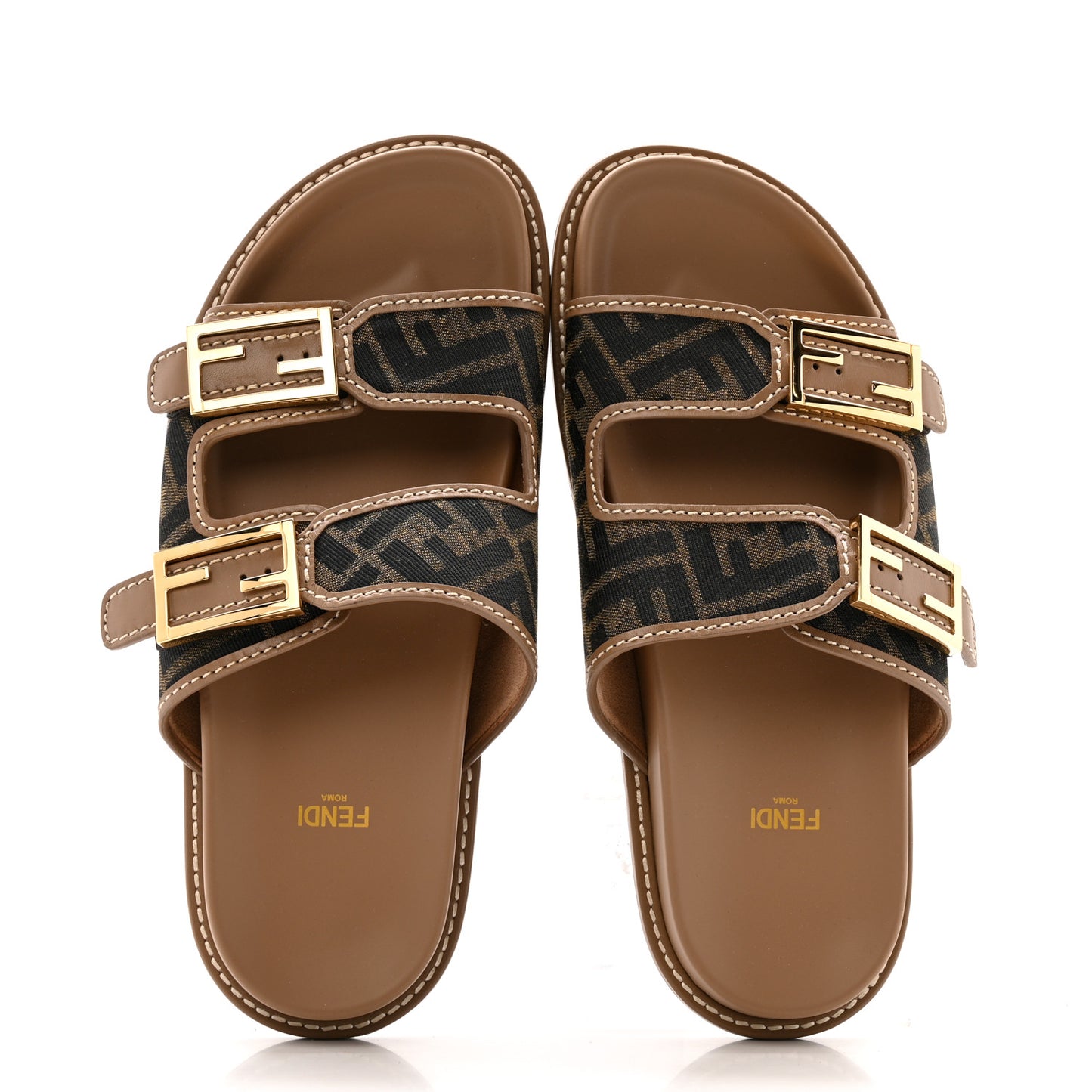 Fabric Jacquard Nappa FF Womens Fendi Feel Buckled Slide Sandals 40 Tobacco Black Miele Scuro