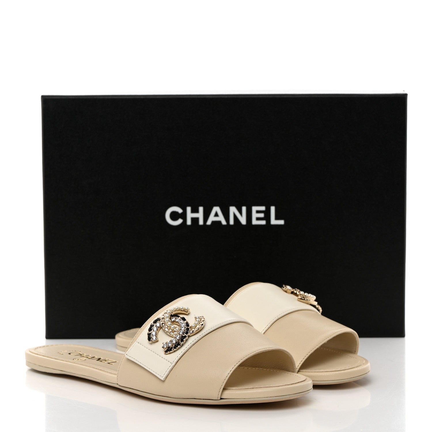 Chanel Lambskin Pearl Crystal CC Mules Sandals 38 Beige 9 of 9