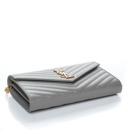 Saint Laurent Grain De Poudre Matelasse Chevron Monogram Chain Wallet Oyster Grey 4 of 7