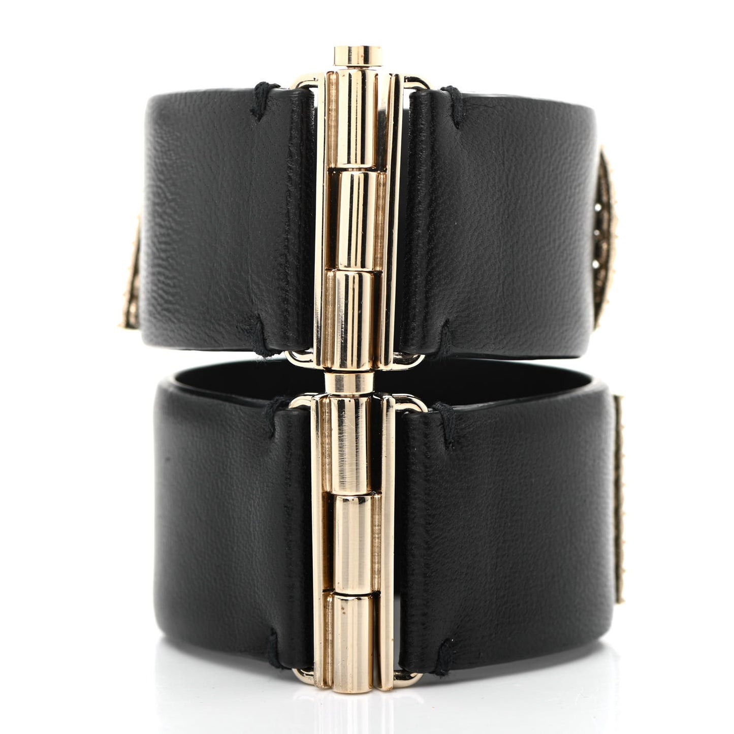Crystal Lambskin Cha-Nel Logo Cuff Set S Gold Black