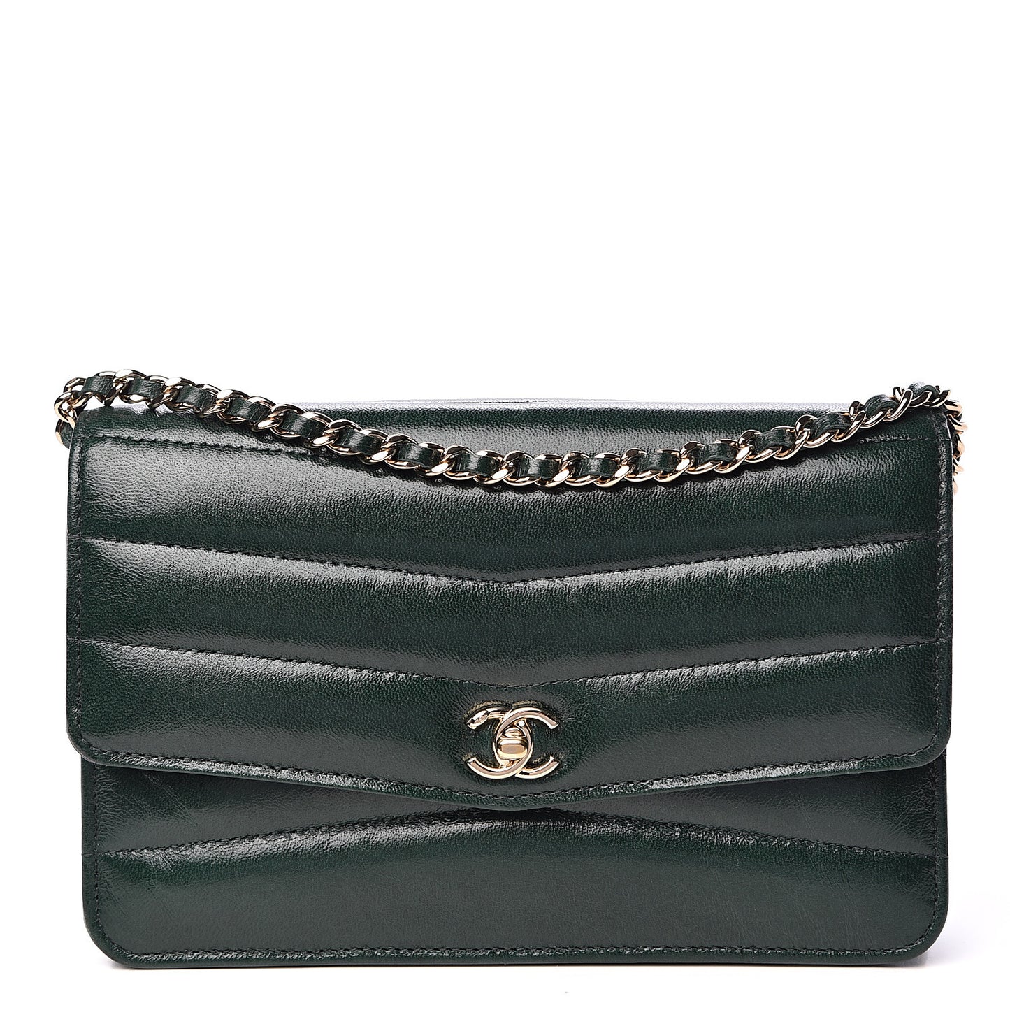 Lambskin Chevron Quilted Wallet On Chain WOC Dark Green