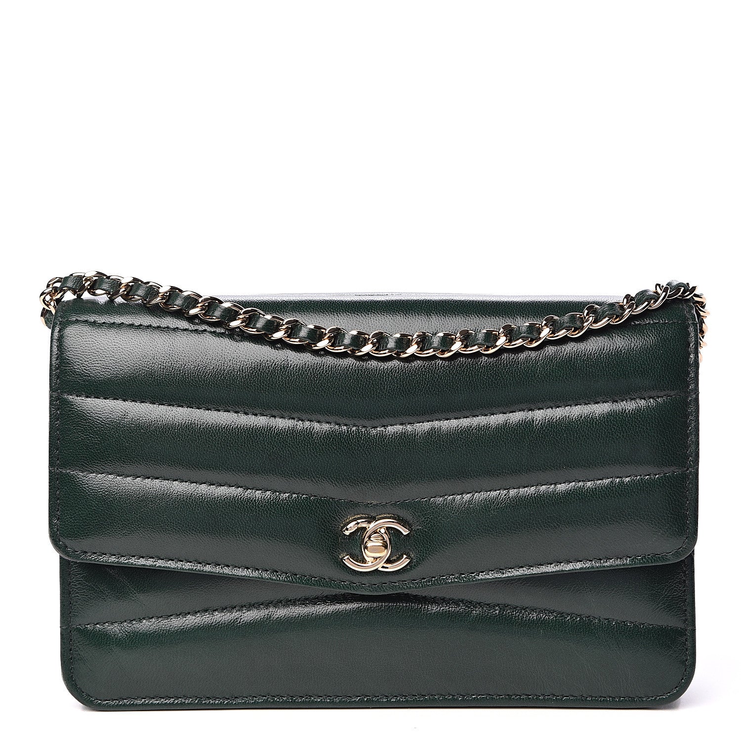 Chanel Lambskin Chevron Quilted Wallet On Chain WOC Dark Green 1 of 12