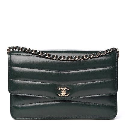 Chanel Lambskin Chevron Quilted Wallet On Chain WOC Dark Green 1 of 12