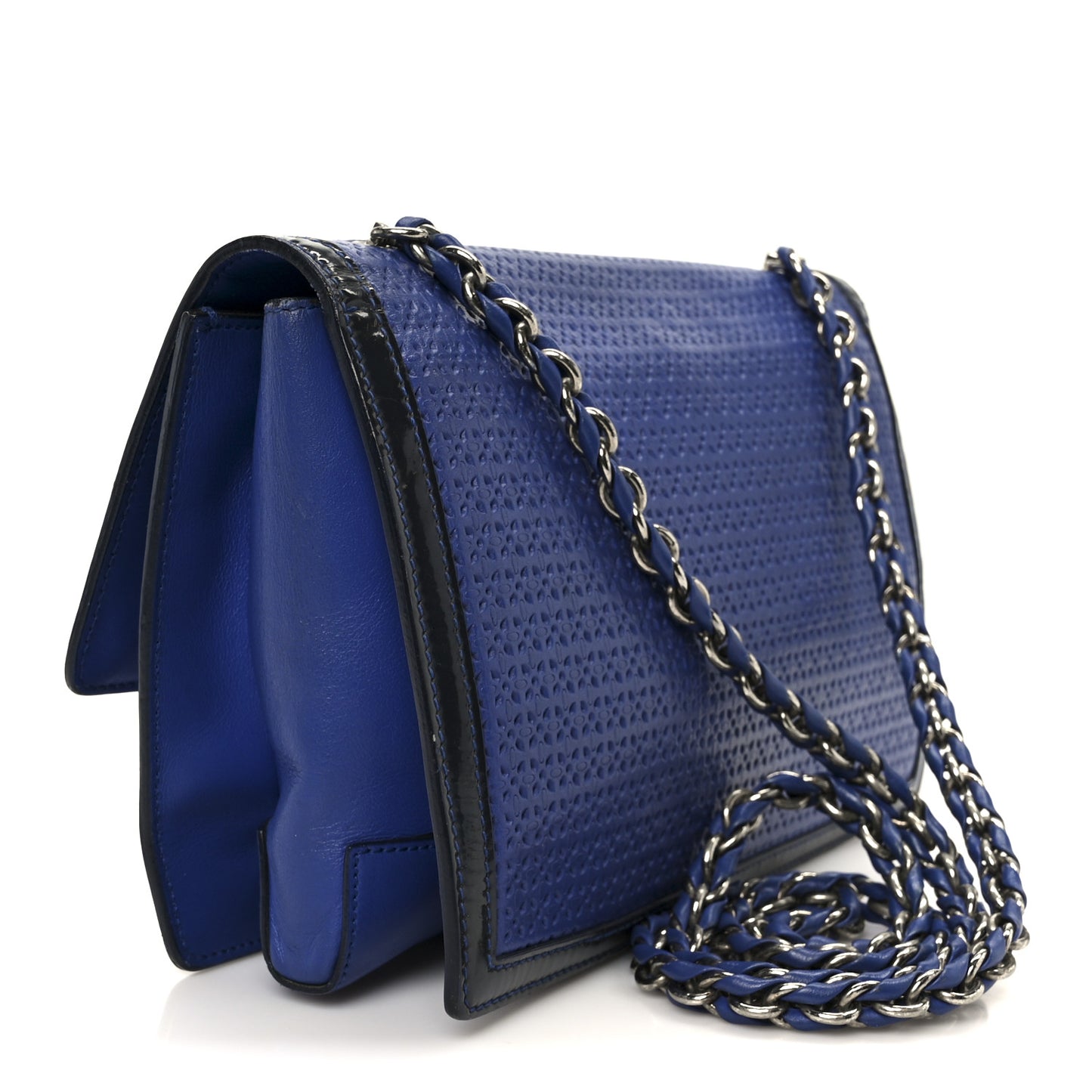 Perforated Calfskin Patent Ginny Bow Crossbody Bag Blue