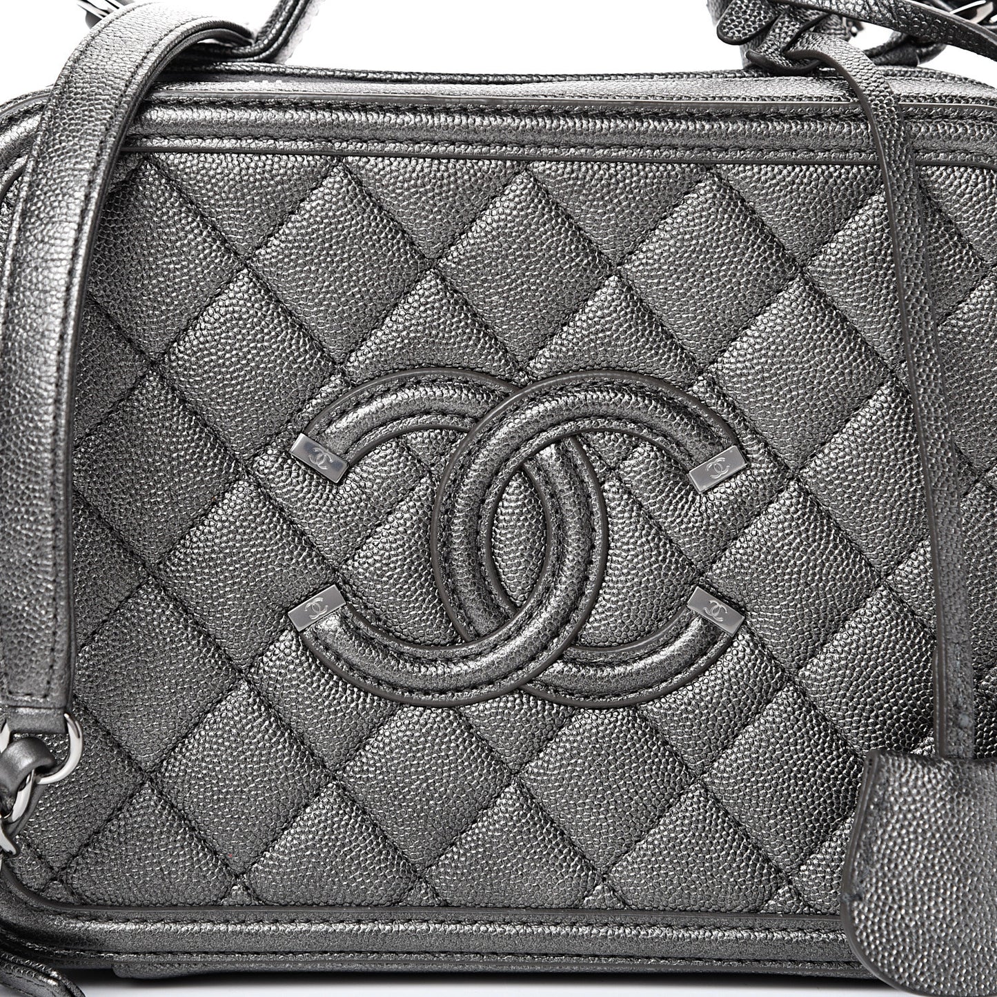 Metallic Caviar Quilted Medium CC Filigree Vanity Case Dark Silver