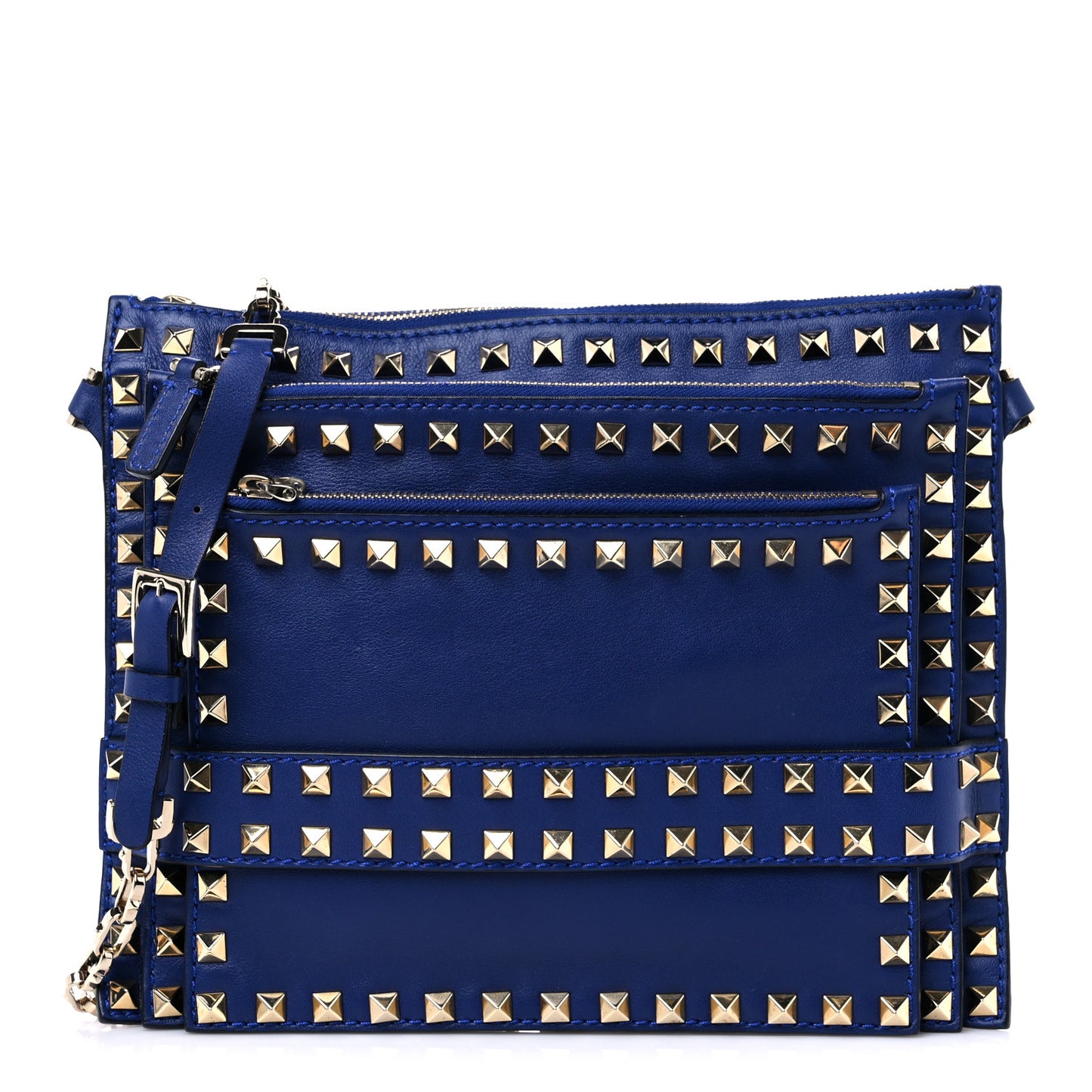 Vitello Rockstud Triple Zip Crossbody Bag Blue Delft