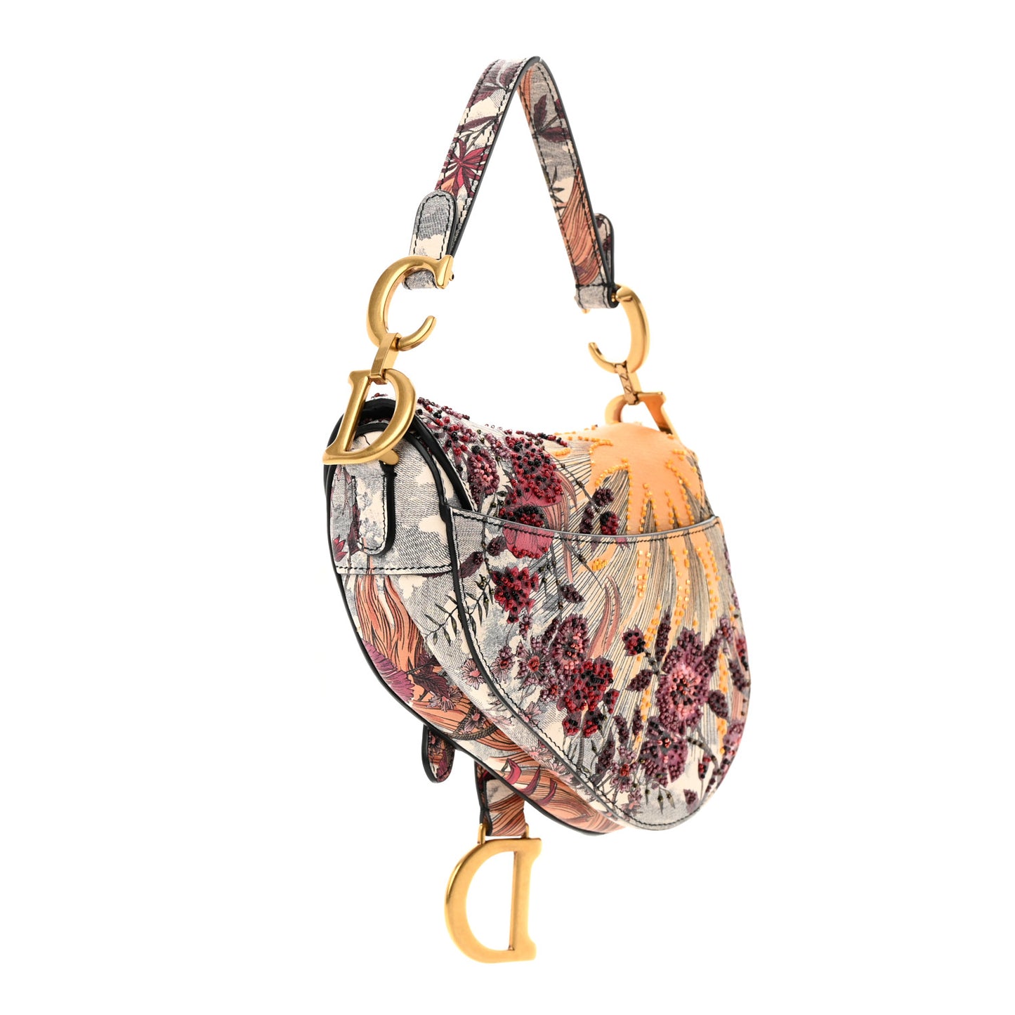 Calfskin Embroidered Phoenix Mini Saddle Bag Red Multicolor
