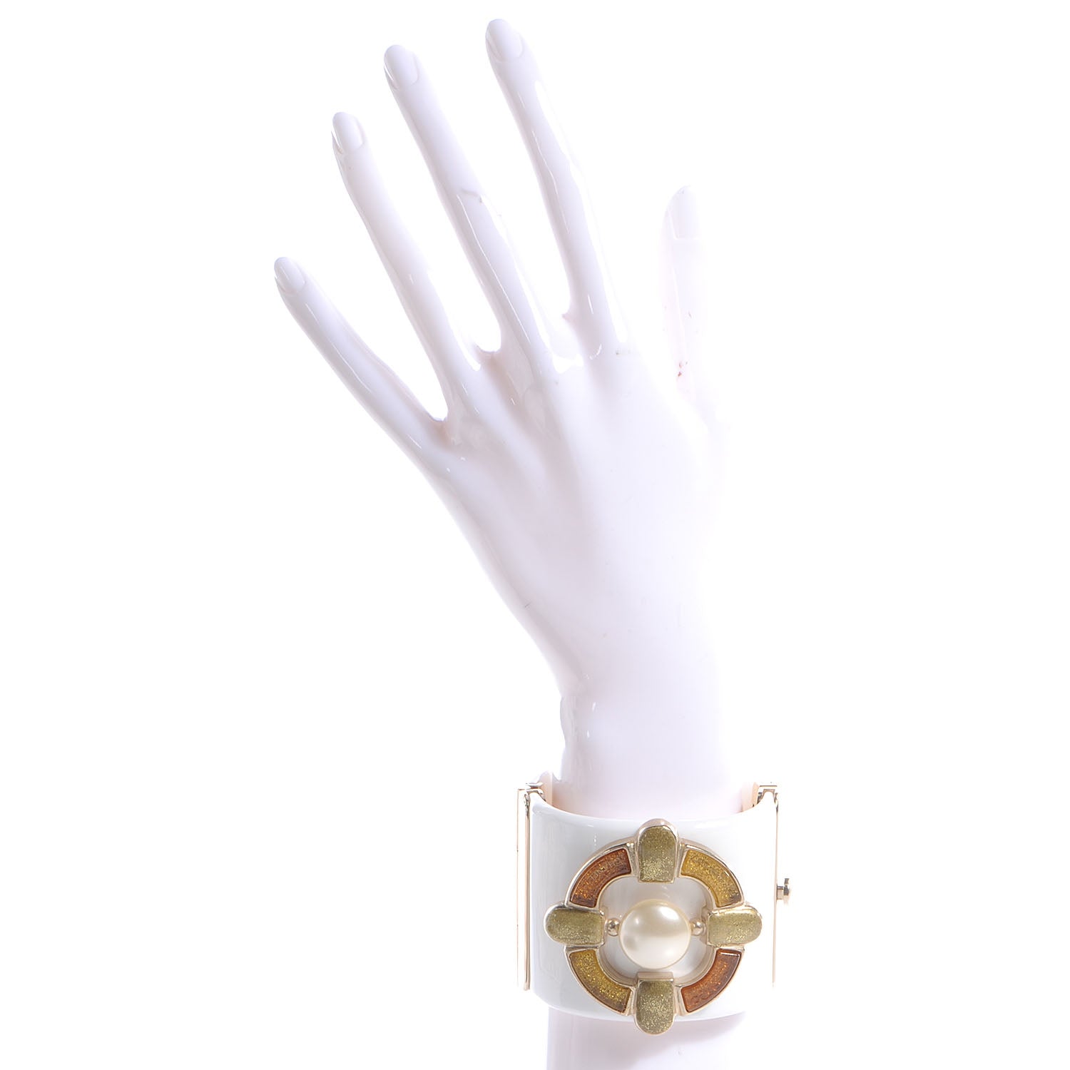 Chanel Resin Gripoix Pearl Wide Cuff White Gold 2 of 5