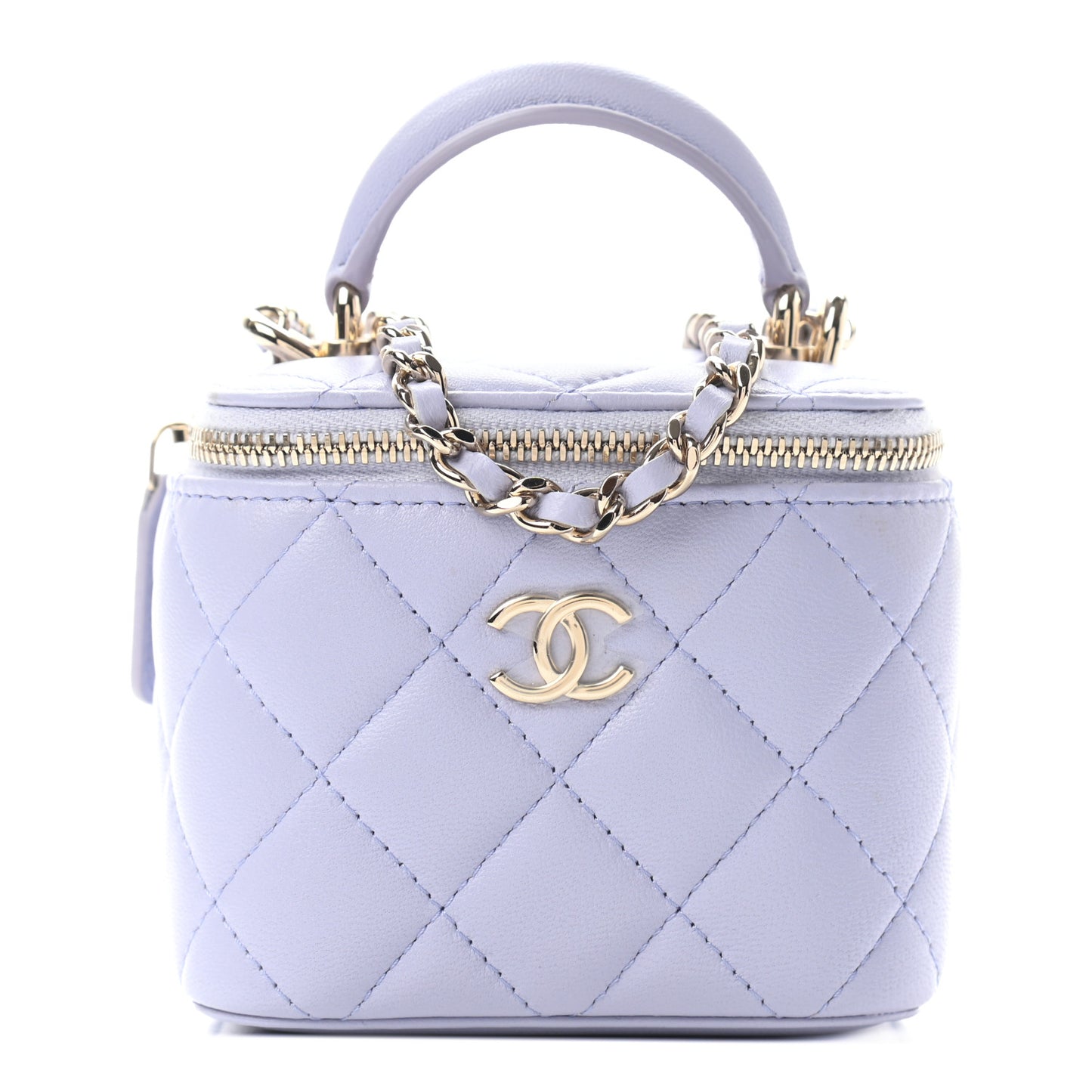 Lambskin Quilted Top Handle Mini Vanity Case With Chain Light Purple