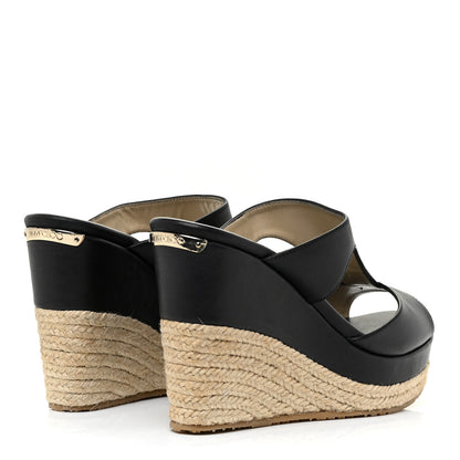 Jimmy Choo Calfskin Pledge T-Strap Espardille Wedge Sandals 38 Black 5 of 19