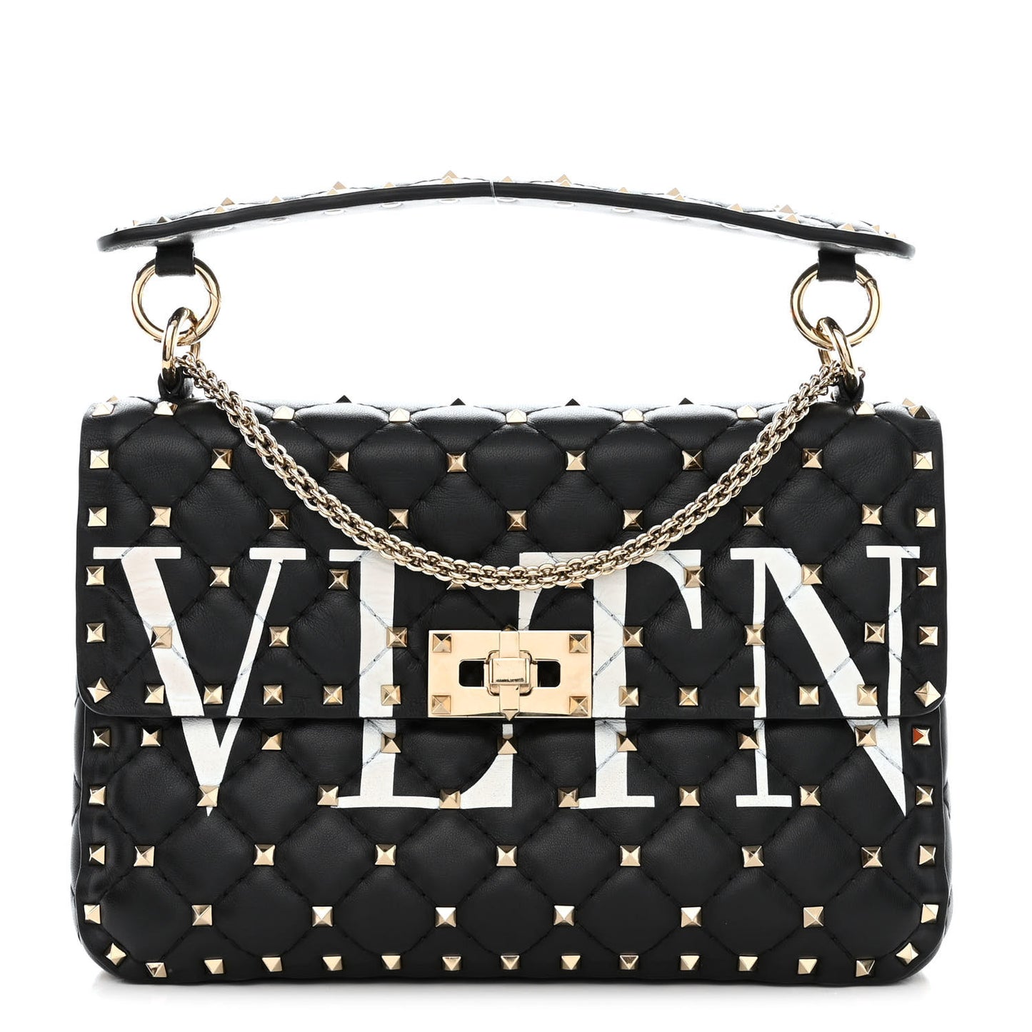 Lambskin VLTN Print Medium Rockstud Spike Shoulder Bag Black