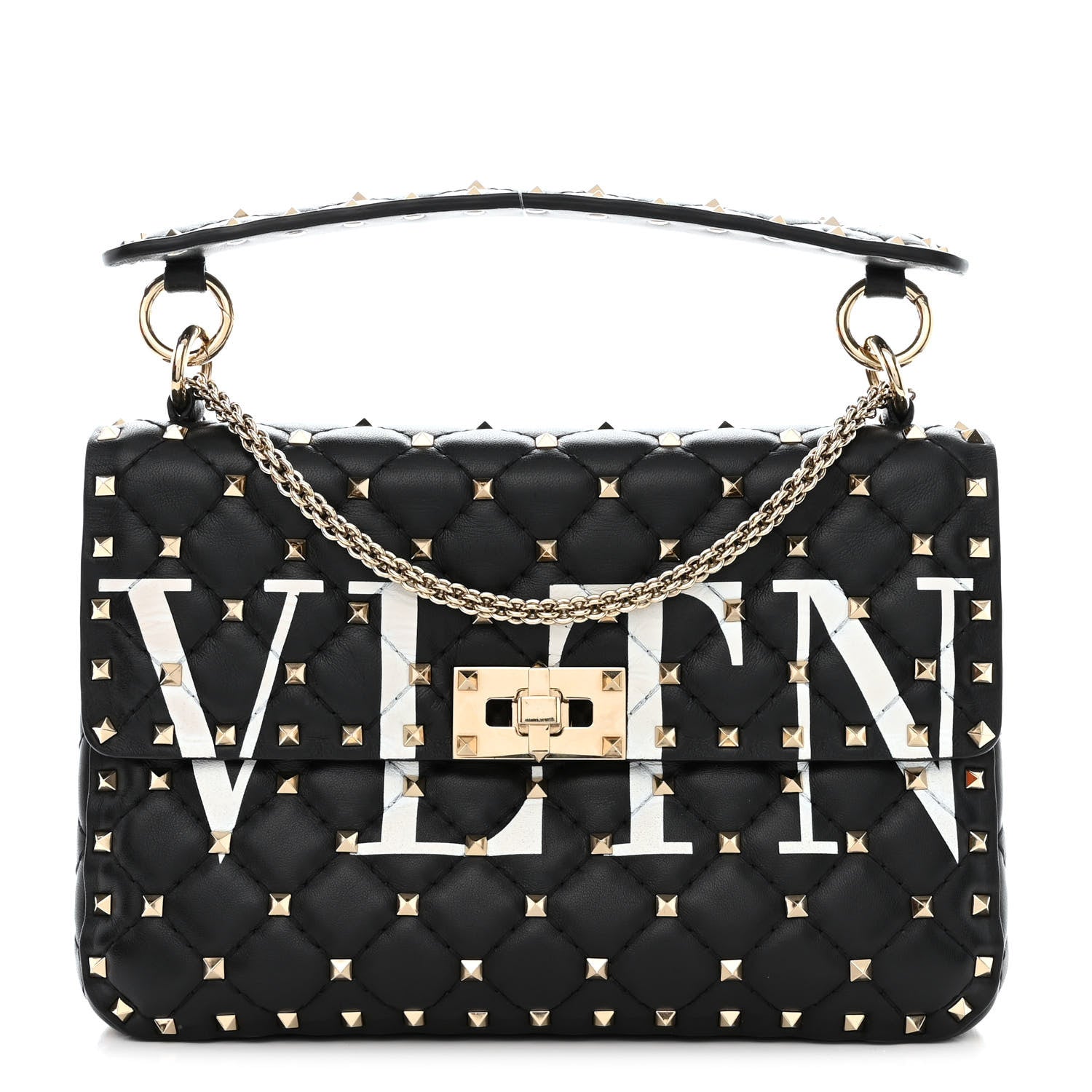 Valentino Garavani Lambskin VLTN Print Medium Rockstud Spike Shoulder Bag Black 1 of 10