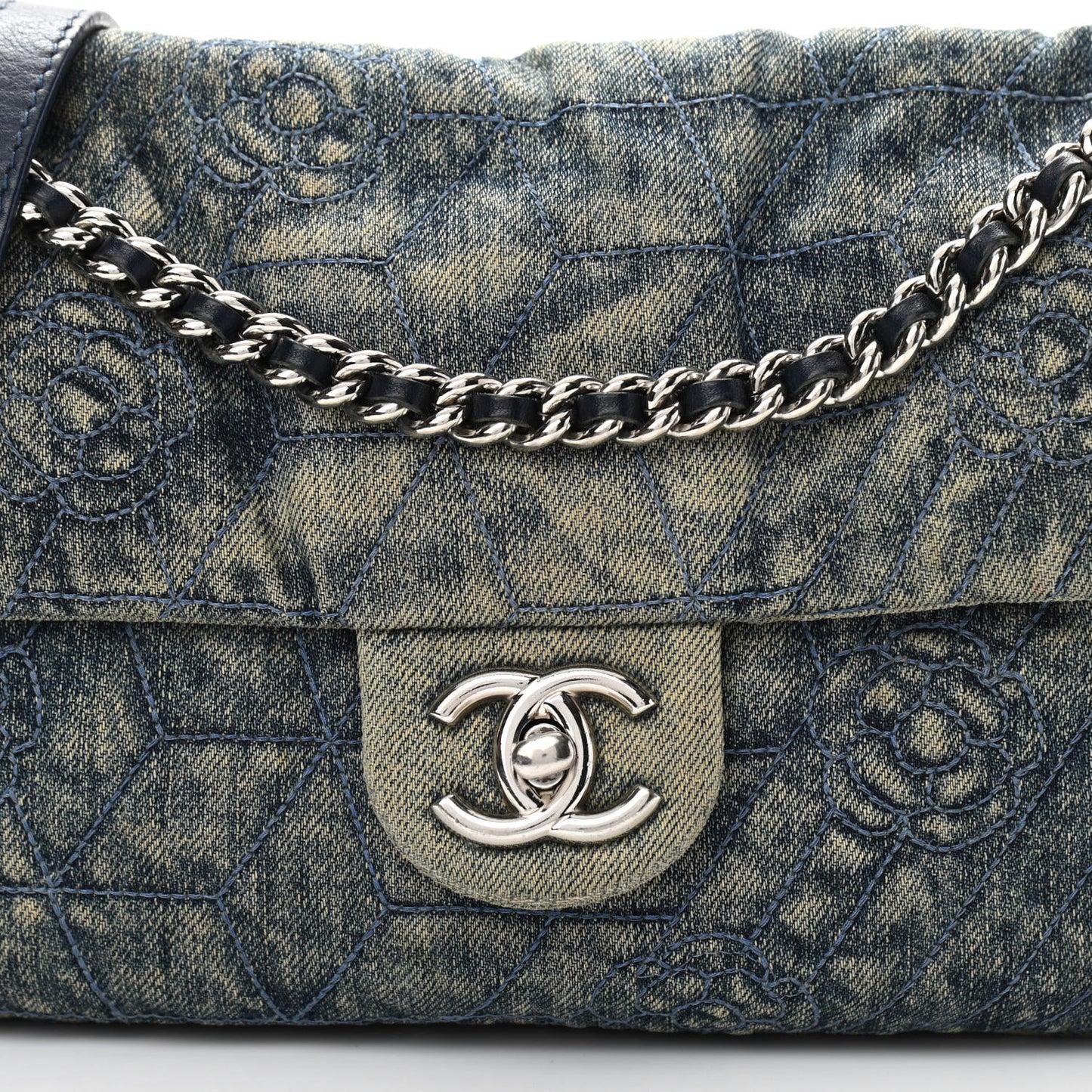 Denim Quilted Camellia Embroidered Medium Flap Blue
