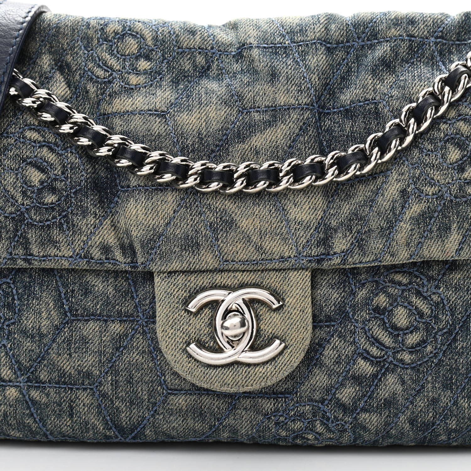 Chanel Denim Quilted Camellia Embroidered Medium Flap Blue 10 of 10