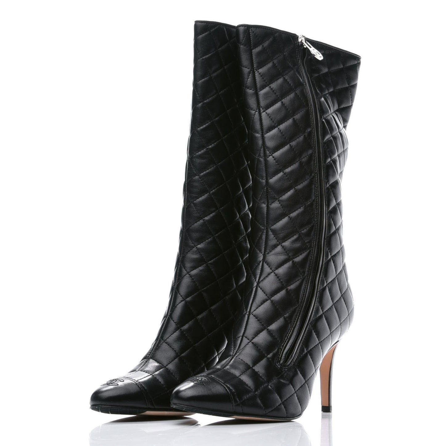 Lambskin Quilted CC Cap Toe Boots 38.5 Black
