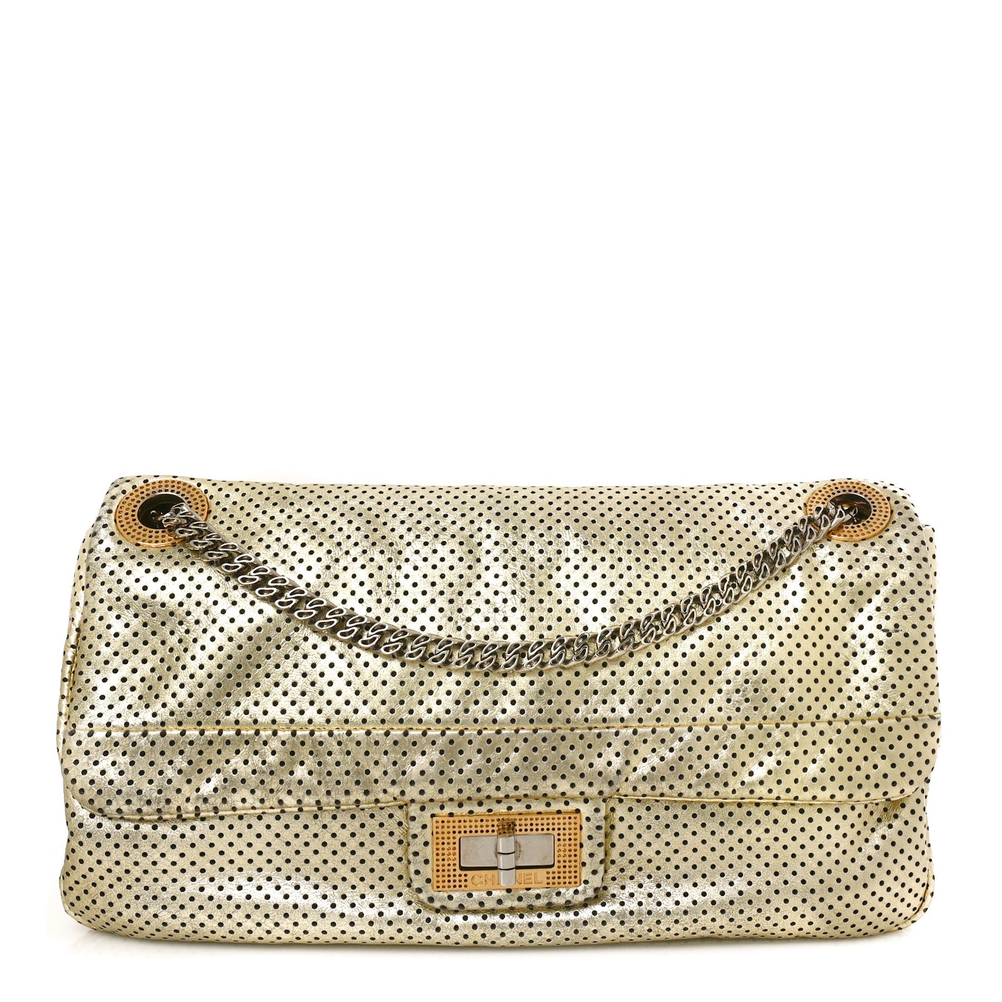 Metallic Crackled Calfskin Perforated Large Drill Flap Gold