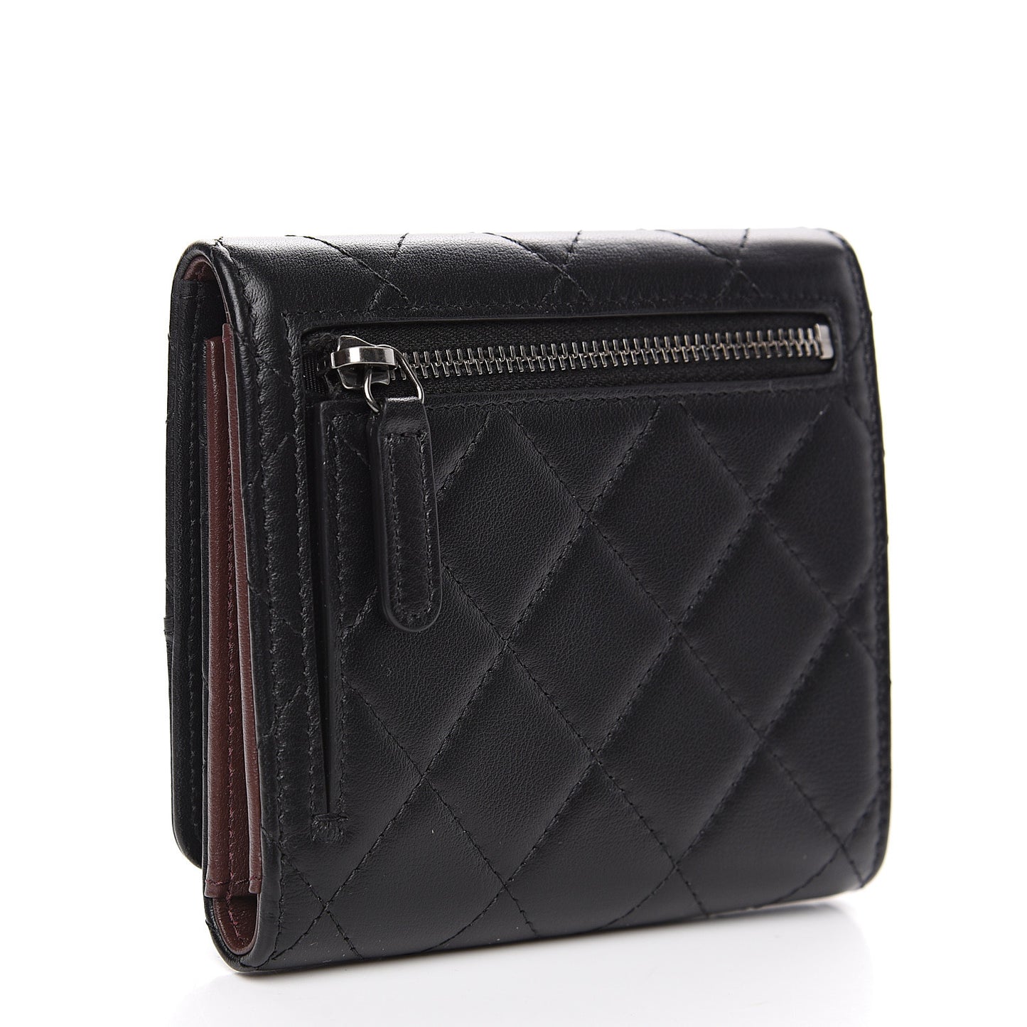 Calfskin Quilted Compact Flap Wallet Black