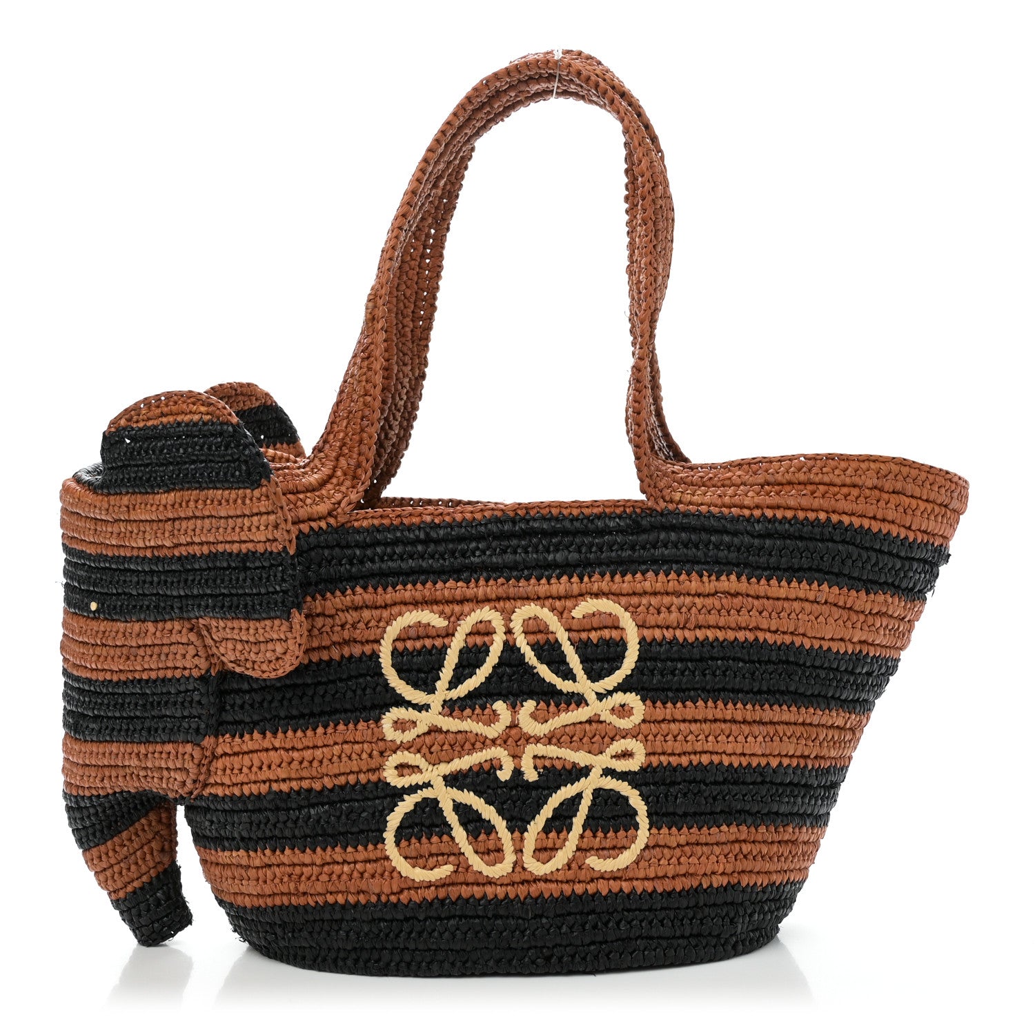 Loewe X Paulas Ibiza Raffia Striped Small Elephant Basket Tote Bag Honey Gold Black 1 of 10