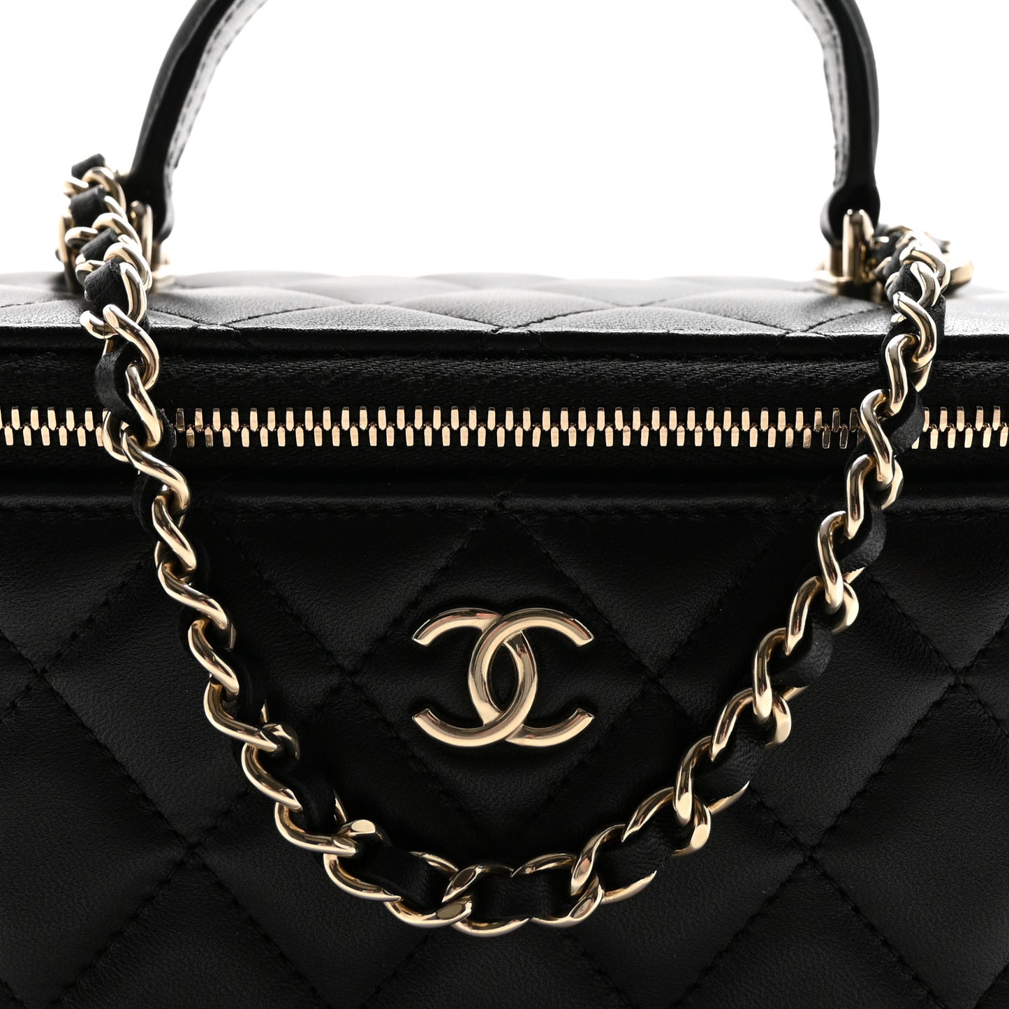 Lambskin Quilted Small Top Handle Vanity Case With Chain Black