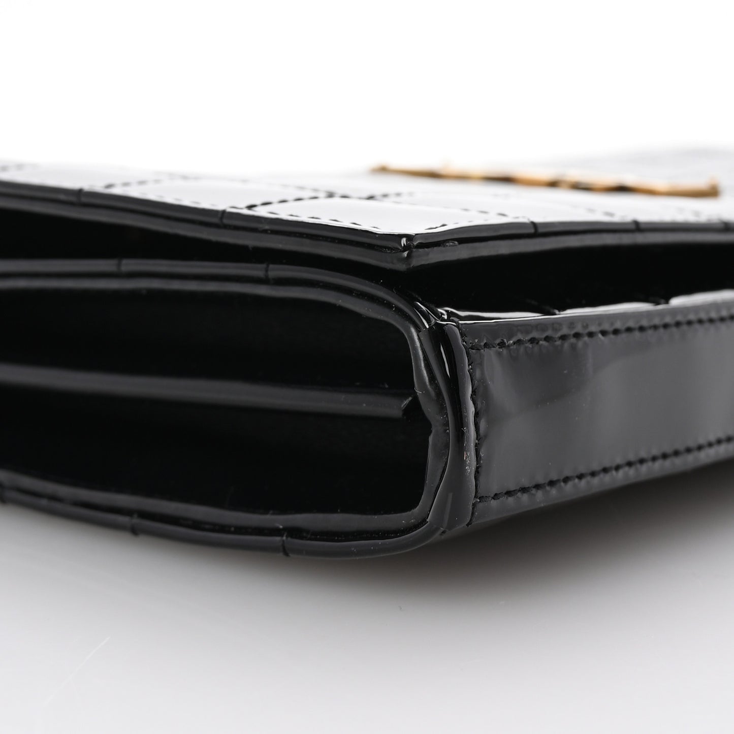 Patent Carre Quilted Cassandre Chain Wallet Black