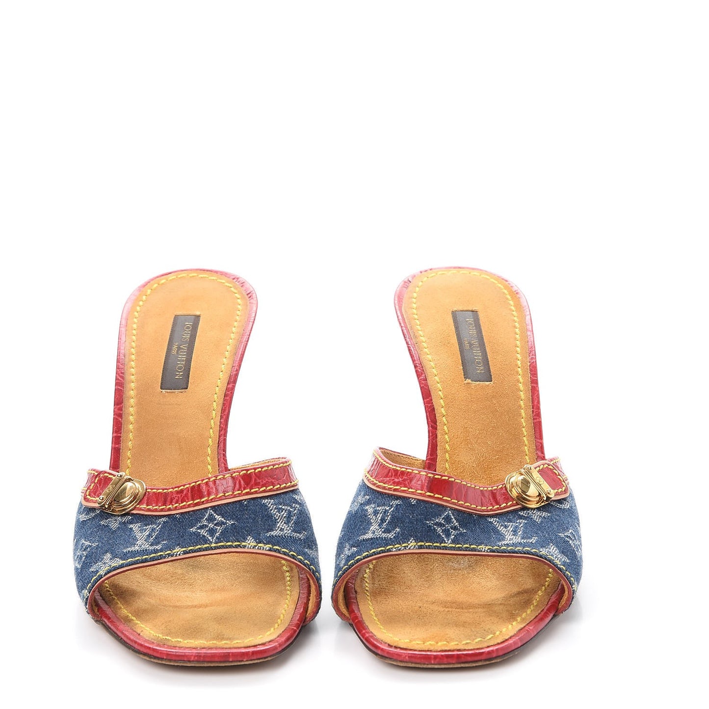 Denim Monogram Mules Peep Toe Heels 37 Blue Red