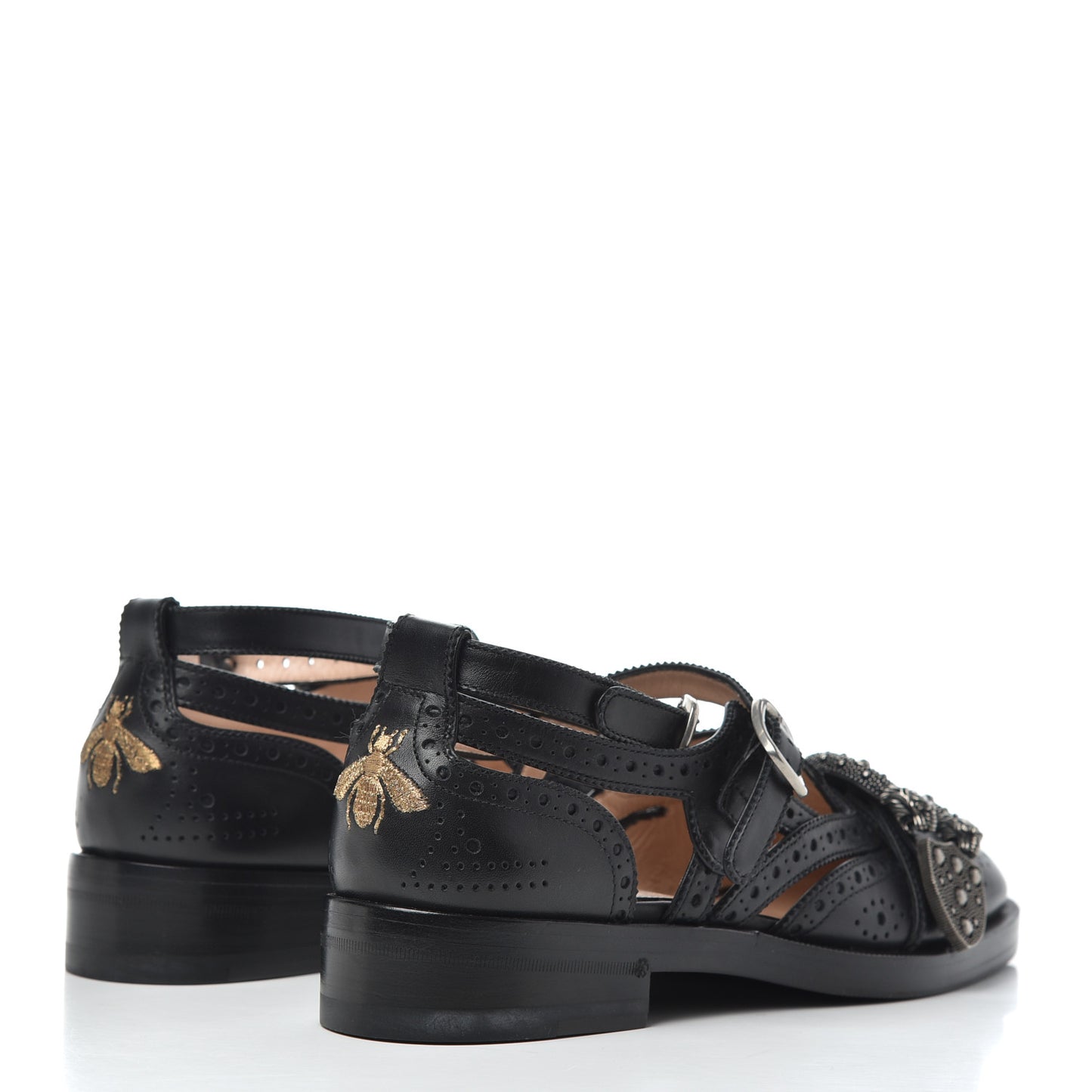 Calfskin Bee Embroidered Womens Queercore Brogue Wingtip Monk Strap Loafers 37 Black