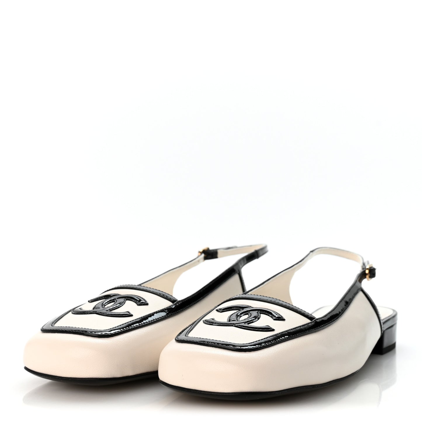 Lambskin Patent Calfskin CC Slingback Flats 40 White Black