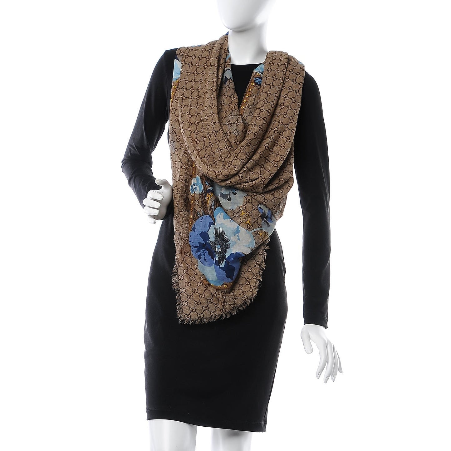 Wool Jacquard GG Monogram Big Panshie Fringe Shawl Sapphire Beige