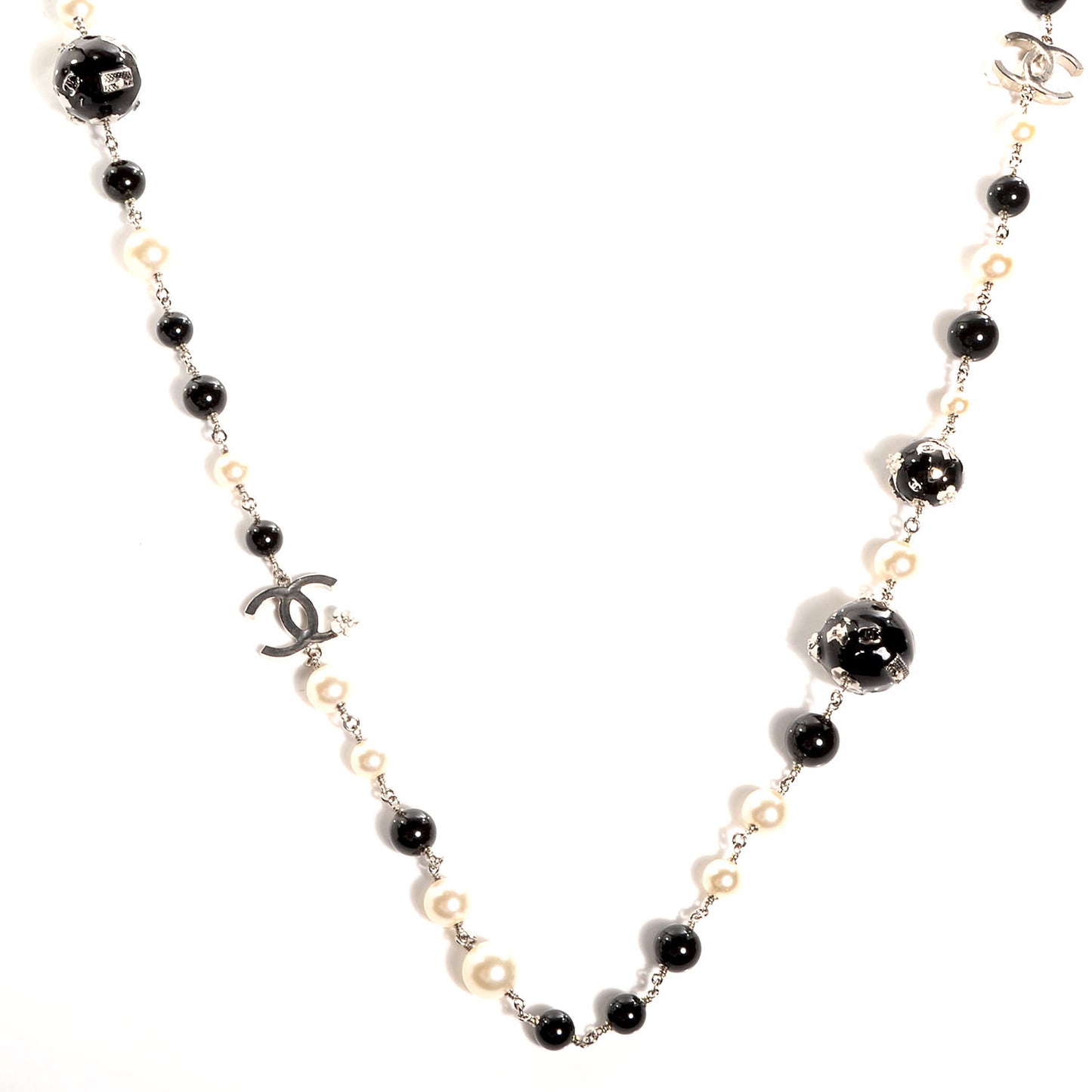 Beaded Globe Pearl CC Long Necklace Silver