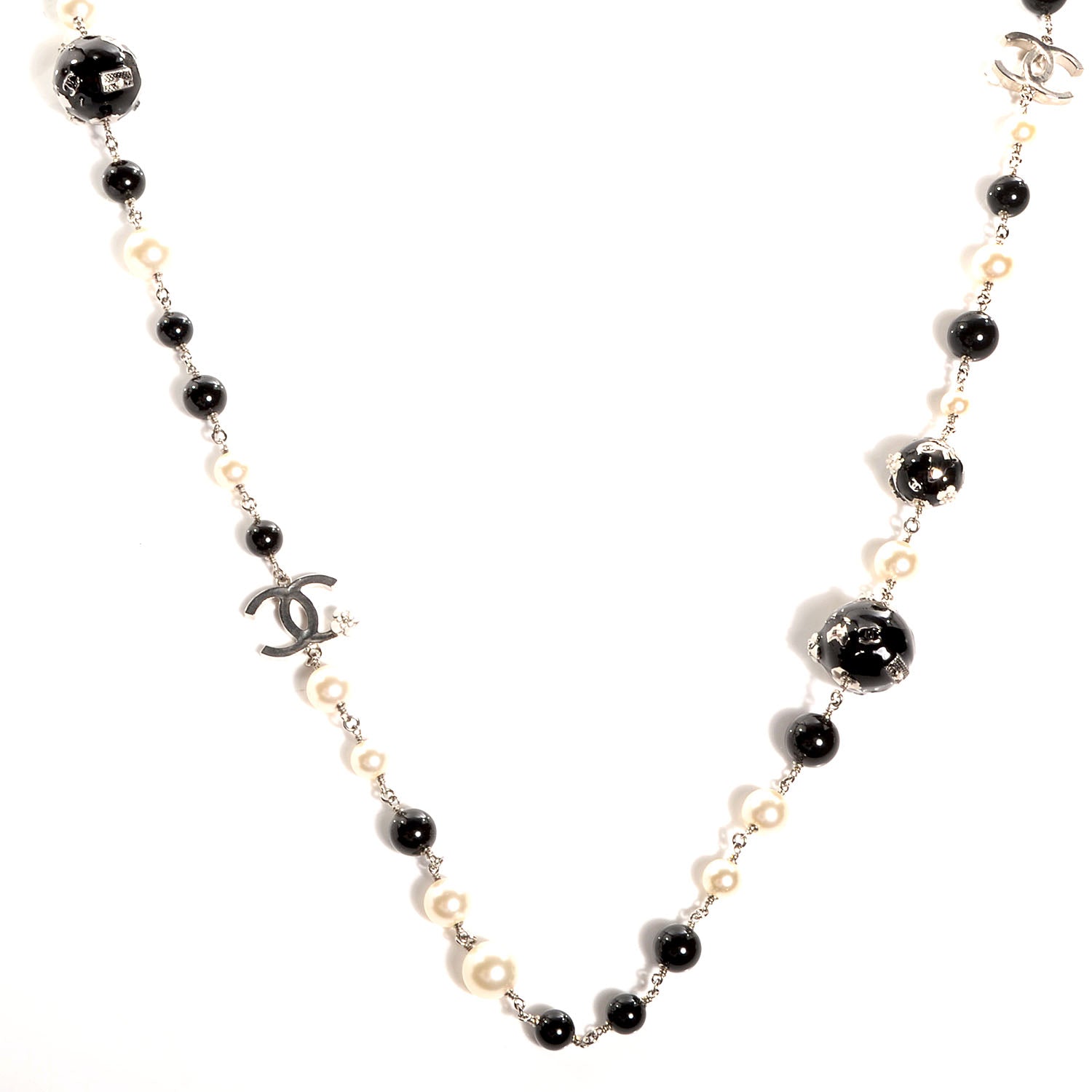 Chanel Beaded Globe Pearl CC Long Necklace Silver 1 of 6