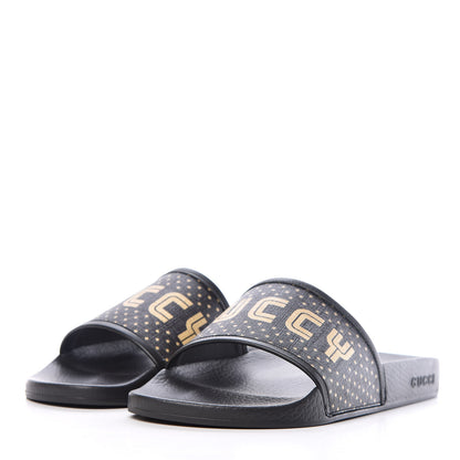 Gucci X SEGA Supreme Canvas GUCCY Stars Mens Slide Sandals 10 Black Gold 3 of 8