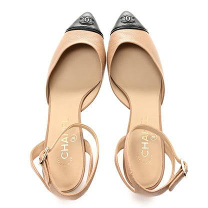 Chanel Goatskin Grosgrain Cap Toe CC Slingback Pumps 39 Beige Black 2 of 9