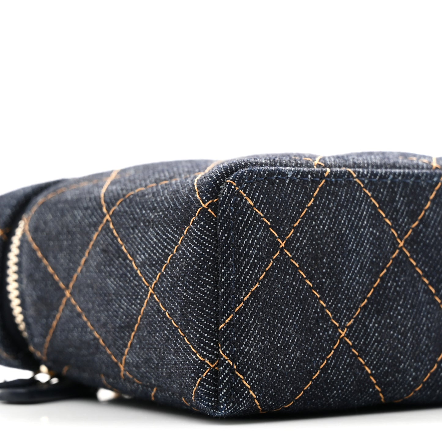 Denim Quilted Top Handle Slim Vanity Case With Chain Dark Blue Orange