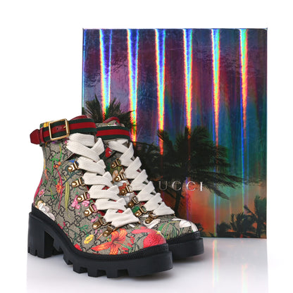 Gucci GG Supreme Monogram Flora Lace Up Combat Ankle Boots 35.5 Beige Multicolor Red 10 of 10