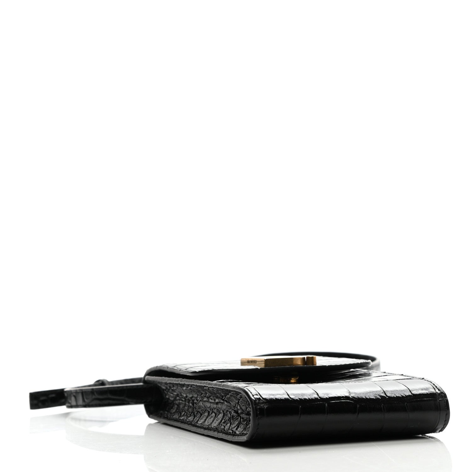 Balenciaga Shiny Calfskin Crocodile Embossed B Phone Holder Black 3 of 8
