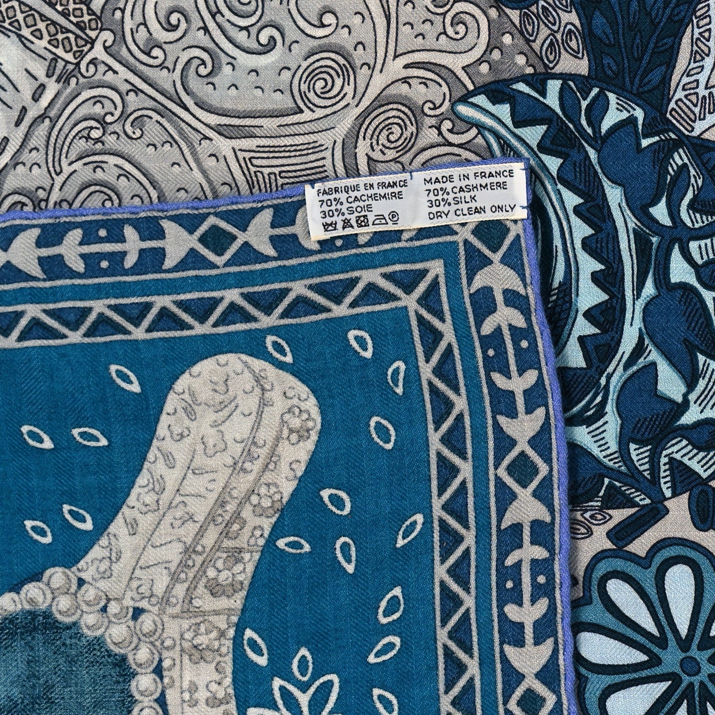 Cashmere Silk Cavaliers du Caucase Shawl 140 Bleu Gris Parme