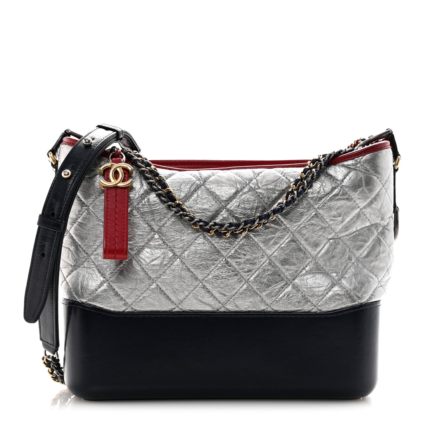 Metallic Aged Calfskin Quilted Medium Gabrielle Hobo Silver Navy Red
