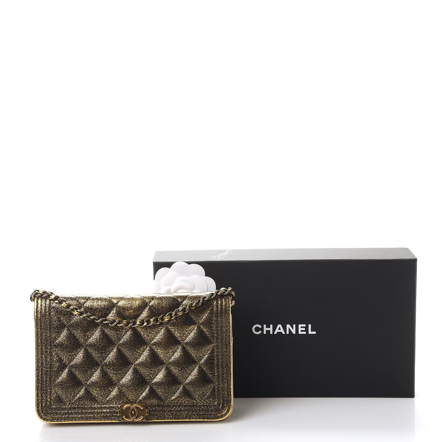 Metallic Calfskin Quilted Boy Wallet On Chain WOC Gold