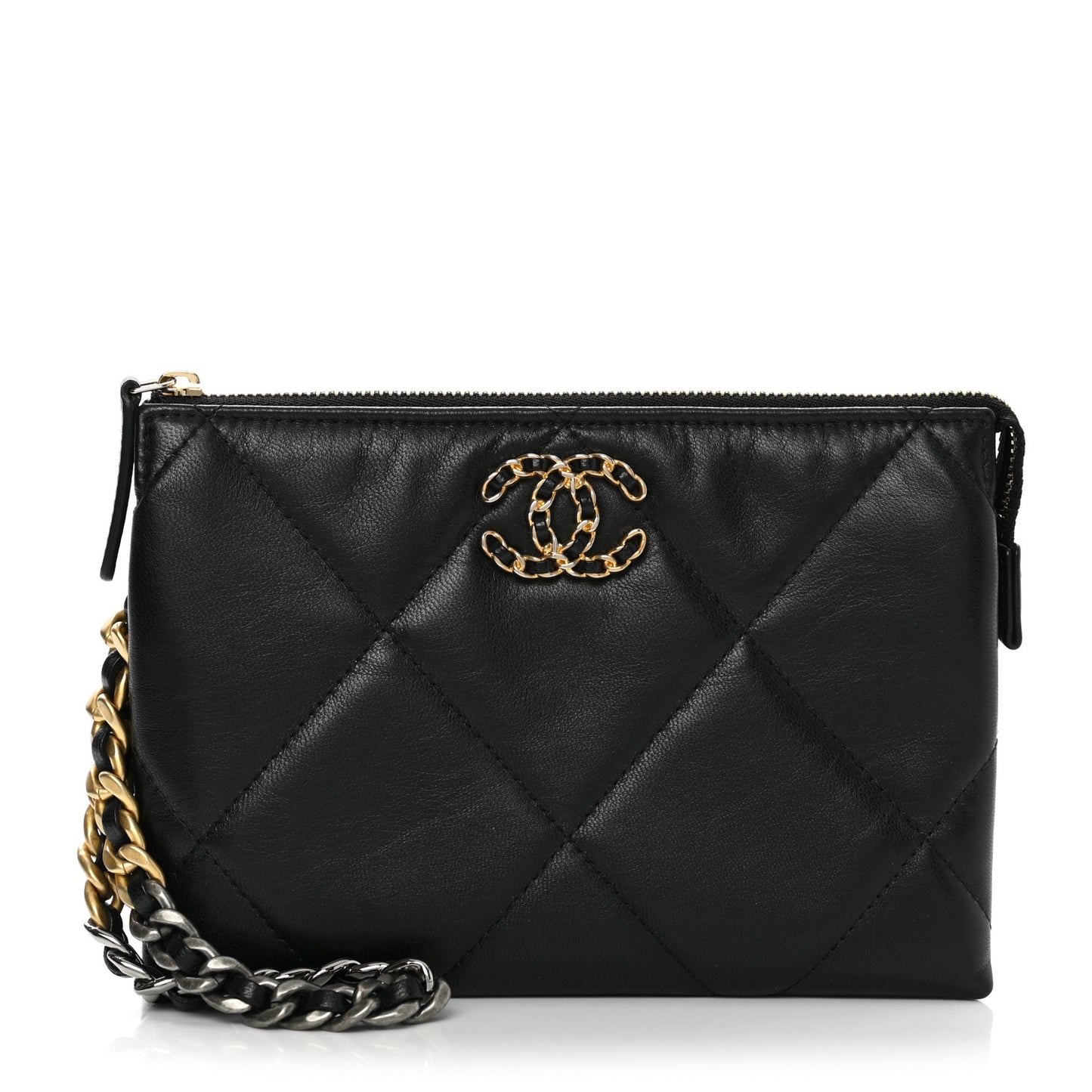 Shiny Goatskin Quilted Small Chanel 19 Pouch With Handle Black