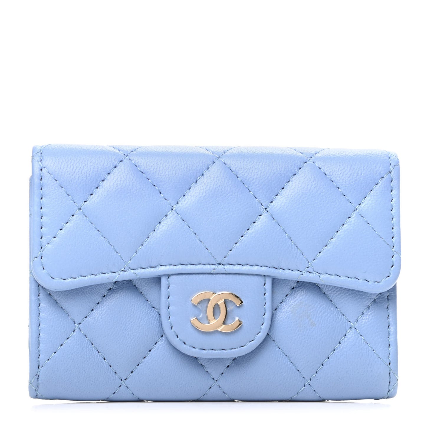 Lambskin Quilted Flap Card Holder Wallet Light Blue
