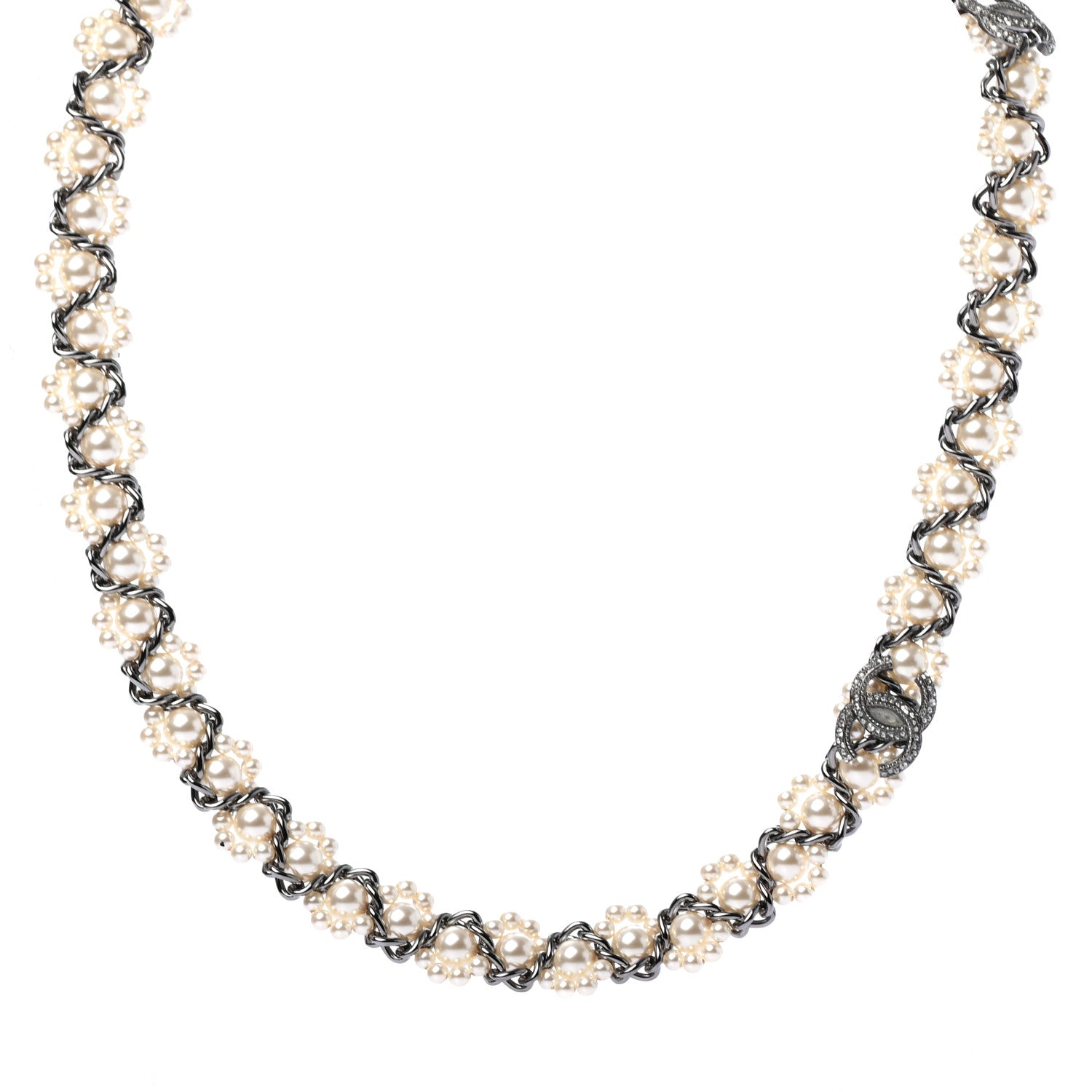 Chanel Crystal Pearl CC Braided Necklace Silver Pearly White 1 of 5