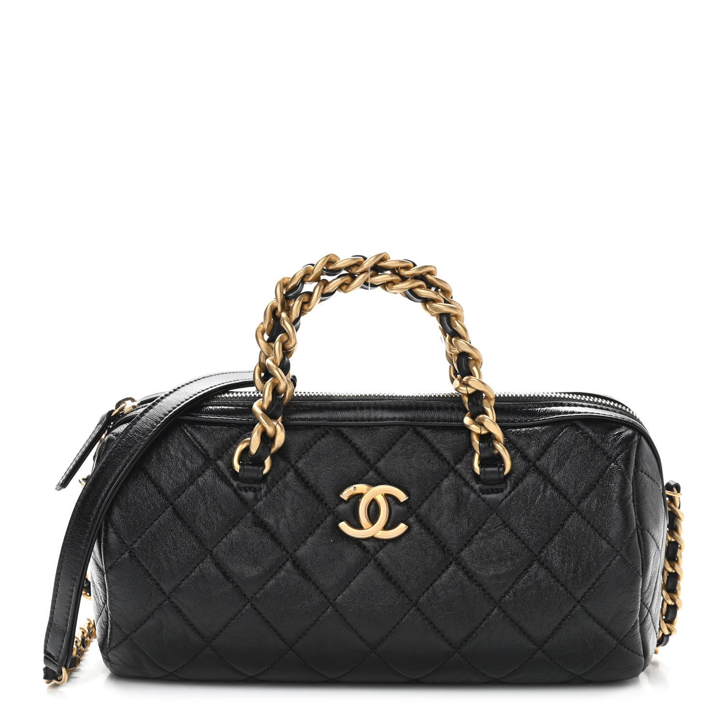 Shiny Lambskin Quilted Fashion Therapy Bowling Bag Black