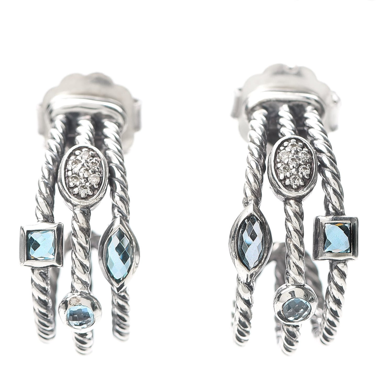 Sterling Silver Diamond Blue Topaz Confetti 3 Row Earrings