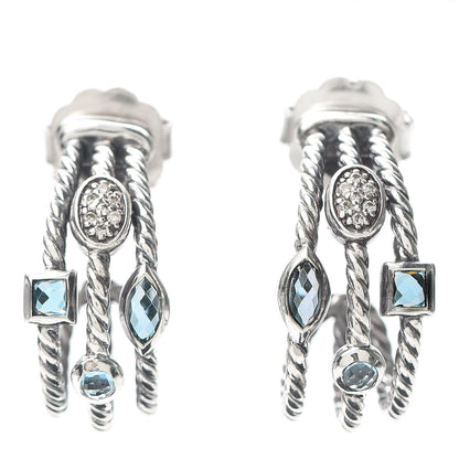 David Yurman Sterling Silver Diamond Blue Topaz Confetti 3 Row Earrings 1 of 4